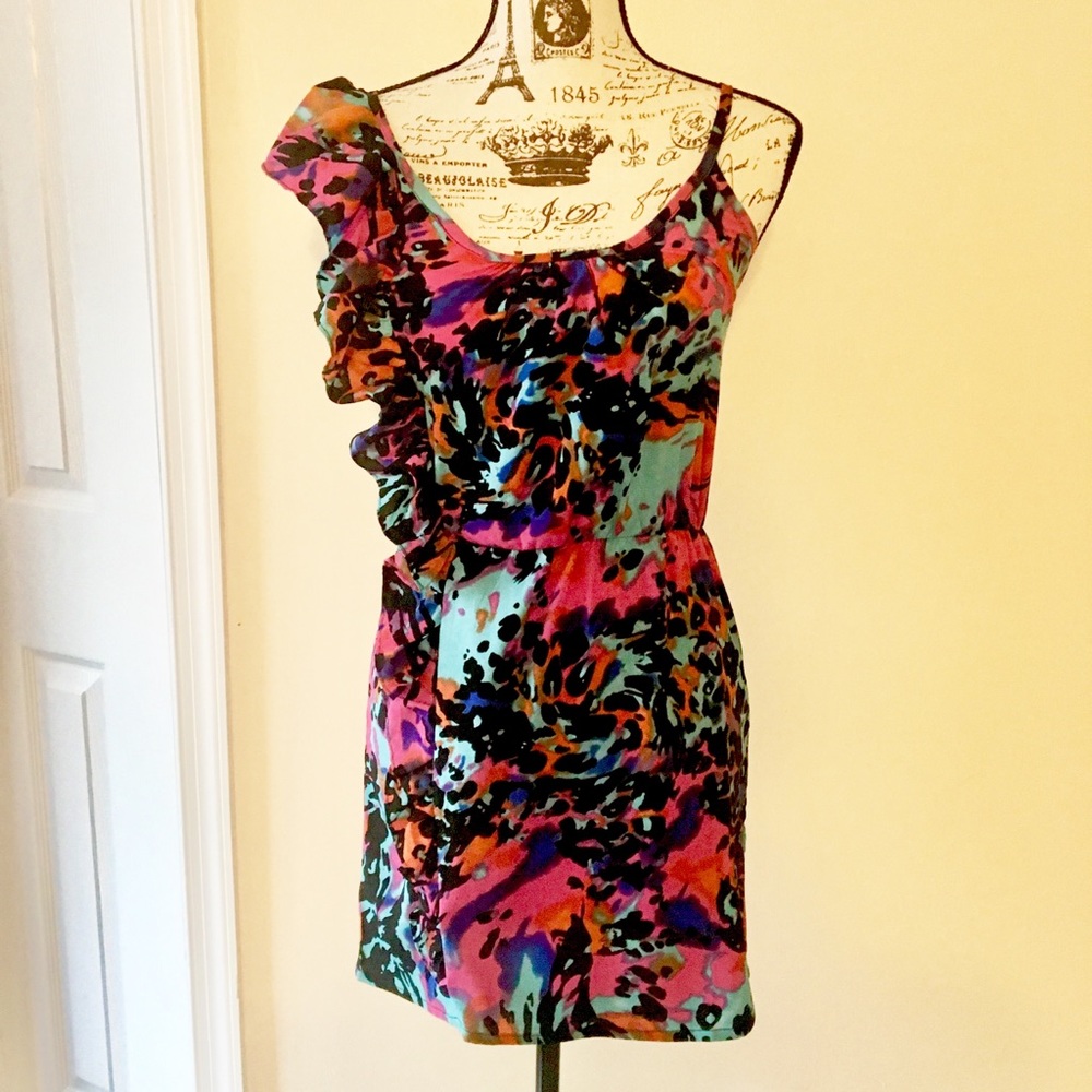 NWOT Bright Color Floral One Shoulder Ruffle Dress